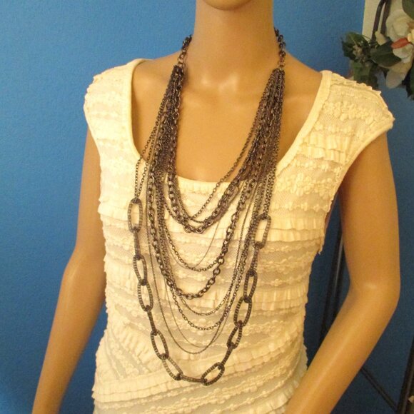VINTAGE Metallic Grey Multi-Chain Necklace~48" Waist Length Convertible Necklace - Picture 2 of 11